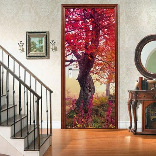 Türtapete Selbstklebend Rotblattwald 80 X 200 Cm Türposter Fototapete Poster Tapete Pvc 3D Türaufkleber Selbstklebend Diy Türbild Wandbild - Kinderzimmer Wohnzimmer Küche Schlafzimmer Tür F -6M1S-Z7L4