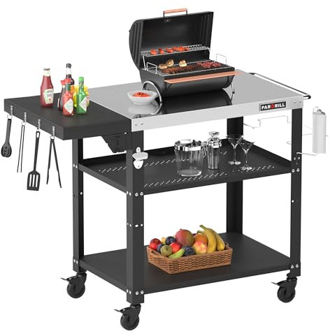 PARGRILL Carrello da Cucina a 3 Piani con Ruote, Carrello Multiuso Pieghevole con Tavolo Laterale, Ganci e Accessori, Carrello Portaoggetti da Cucina in Acciaio Inossidabile per Cucina, BBQ e Pizza