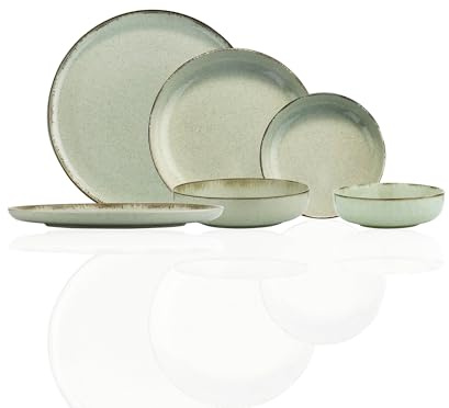 Kutahya Porselen - Set di stoviglie da 12 pezzi, servizio da tavola per 4 persone in verde, in porcellana moderna con smalto reattivo, piatti fondi e ciotole, lavabili in lavastoviglie, look fatto a