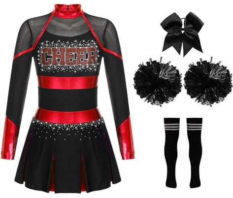 Yruioon 4Pcs Mädchen Cheer Leader Kostüm Langarm Cheerleading Kleid mit Pompoms Socken Haarband Glitzer Tanzkleid Halloween Karneval Fasching Kostüm