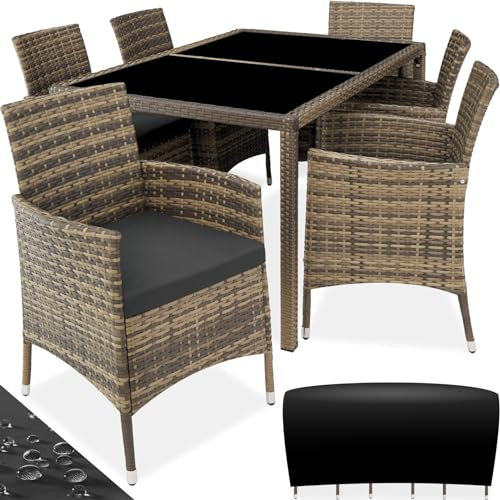 tectake Polyrattan Sitzgruppe für 6 Personen, Balkon Möbel, Gartenmöbel Set mit Tisch und 6 Stühlen, Essgruppe für Garten Terrasse und Balkon, inkl. Sitzkissen und Schutzhülle - Natur/dunkelgrau