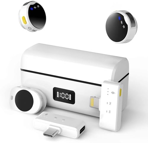 Rythflo Micrófono Lavalier inalámbrico para iPhone/Android con Lightning/USB C (funda de carga 2 TX 2 RX), mini micrófono con cancelación de ruido, batería de 35 horas, micrófono de solapa con clip