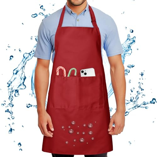 Grembiule da Cuoco per Uomo e Donna, Grembiule Senza Lavaggio Design con 2 Tasche Grembiuli Regolabile Impermeabile e A Prova Olio Professionale per Cucina Giardinaggio Pittura Lavoro BBQ, Rosso