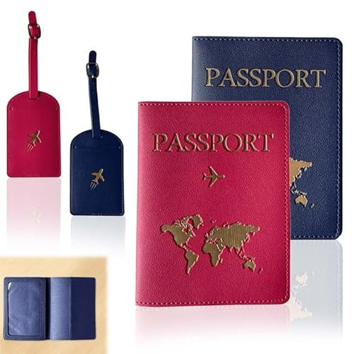 SNONESIY 4 PCS Reisepasshülle Set, PU Passport Hülle, Reisepasshülle und Gepäckanhänger Reisepass Passport Hülle für die Aufbewahrung von Pässen, Kleingeld und Kreditkarten