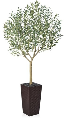 VeriNatural Artificial Olive Tree 210 cm - Large Artificial Plants Indoor with Fruits & Silk Leaves, UV Resistant - Fake Plants with Brown Taper Planter for Living Room Office Balcony Outdoor, VN156