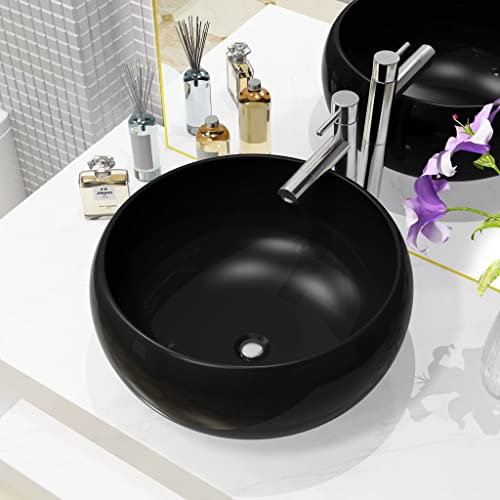 Lavabo, Cinyiqo Lavabo Sobre Encimera, Lavabo Baño, Mueble Lavabo, Muebles De Baño, redondo de cerámica negro 40x15 cm
