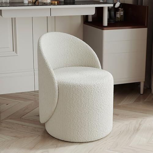Rorquscade Taburete de Tocador Blanco con Respaldo - Ottomana Redonda Moderna para Salón/Dormitorio/Oficina - Silla de Maquillaje con Reposapiés Integrado - Banco Vanity Multifuncional