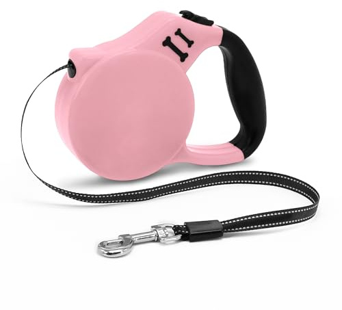 AIITLE 5 m robust infällbart hundkoppel för små hundar, reflekterande nylonband, omedelbar låsning och broms, ergonomiskt halkfritt handtag – 15 kg gräns, rosa