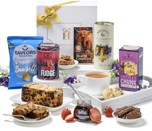 Hattie’s Gifts Scottish Afternoon Tea Hamper for 2 | Gourmet Food Gift Box: Shortbread, Tea, Fudge, Dundee Cake & Chocolate – Scottish Gift