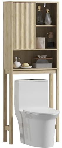 HOMCOM Meuble WC Dessus de Toilette Porte Cannelée 65 x 25 x 170 cm Naturel