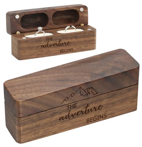 Malihome Klappbox aus Holz für 2 Ringe zur Hochzeit, rustikale Aufbewahrungsbox für Schmuck im Vintage-Stil aus massivem Walnussholz mit Gravur und Ringhalter (Rechteck-2, No Customized)