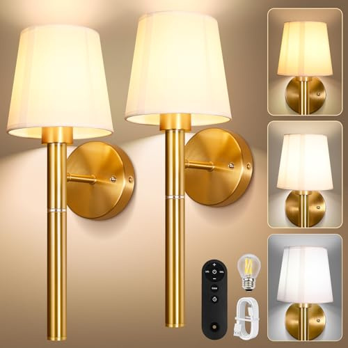 Bawoo Akku Wandleuchte Innen, 2 Pack Batteriebetrieben Wandlampe für den Innenbereich mit Abnehmbarem 5200mAh Ladestab und Dimmbarer Fernbedienung, 3 Farbige Kabellose Wandleuchten (Gold)