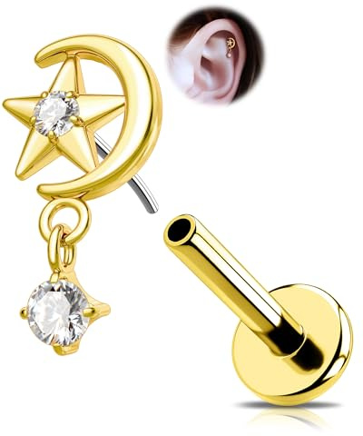 OUFER Titan Helix Piercing Ohr Stecker 18G Tragus Conch Piercing Schmuck Mond und Stern Lippenpiercing Labret Stecker Gewindelos Flacher Rücken Knorpel Ohrringe Gold Silber Nasenstecker 6 mm