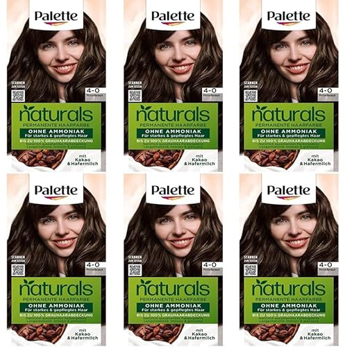 6x Palette Naturals Permanente Haarfarbe 4-0 Mittelbraun pflegende Haarfarbe ohne Ammoniak, Coloration für bis zu 100% Grauabdeckung veganer Formel, 0% Silikonen 115 ml (6er Pack)