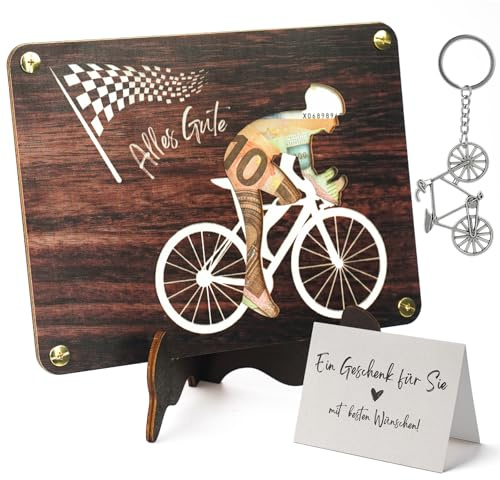 Mason Life Geldgeschenk Fahrrad Holz, Fahrrad Geldgeschenkbox mit Schlüsselanhänger, Geldgeschenk Jugendweihe, Abitur & Abschlussgeschenk, personalisierbares Holzschild mit Ständer