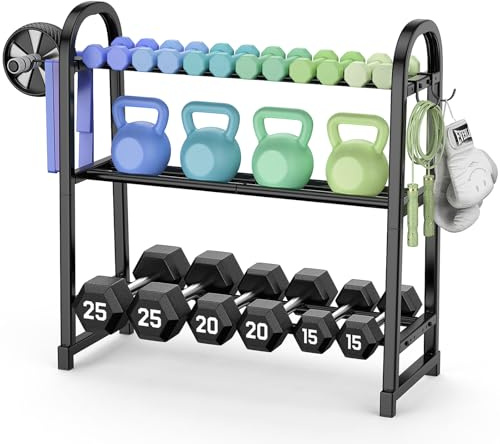 YaDonpe 3 Tier Dumbble Rack - 360LB Capacity Adjustable Dumbbell Storage Rack Space-Saving Home Gym Weight Rack For Dumbbells And Kettlebells With Hooks (Dumbbell Rack Stand Only)（Matte Black （29.96''Length））