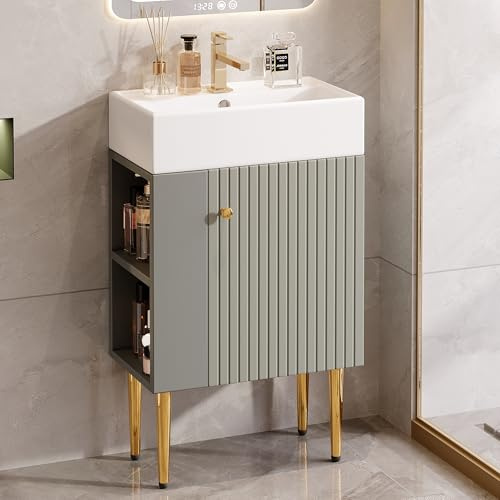 Rosebibi Mueble de baño con armario bajo lavabo de 55 cm, mueble para lavabo pequeño, color gris claro