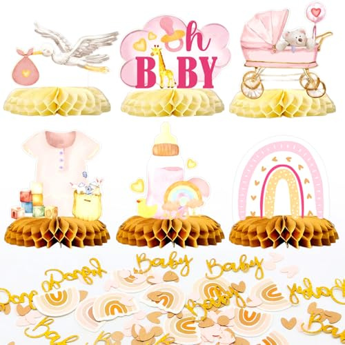 KASURE 6 Babyparty Deko & 60 Babyparty Deko Konfetti, Babyparty Tischdeko mit Storch Geburt Motiv, Bienenwaben Mittelstück Dekoration, Tischdekoration für Babyshowerparty & Babyparty (Rosa)