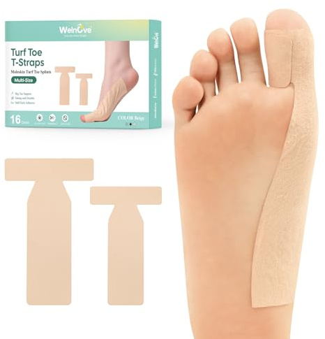 Welnove Turf Toe T-Straps – 16Pcs Moleskin Splints for Big Toe Injuries, Toe Wrap Elastic Tape, Adhesive Toe Straighteners for Women Men, Beige, Mixed Sizes (8 Small + 8 Large)