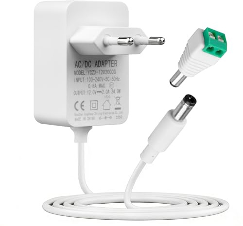 12V 2A Fuente de Alimentación para Tiras de LED, Adaptador de Corriente 24W Transformador AC 100-240V a DC 12V con 3,93ft/1,2m Conector de 5,5 x 2,1mm para Electrónica CCTV Cámaras Cajas de TV, Blanco