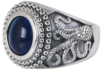 Retro-Ring aus 925er-Sterlingsilber, Oktopus-Ring, Seeungeheuer, Kraken, Tintenfisch mit blauem Stein, für Herren, offen, verstellbar