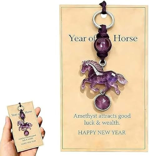 Porte-clés porte-bonheur en forme de cheval en cristal d'améthyste - Symbole de sagesse et de succès (2026), cadeau porte-bonheur pour ami famille, 1 pièce., S