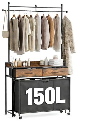 Mondeer Wäschekorb 3 Fächer mit Abnehmbarer Kleiderständer, 150L Wäschesammler mit 2 Schubladen, Wäschesortierer mit Ausziehbarer Wäschesack, 129 x 33 x 199 cm, Vintagebraun und Schwarz