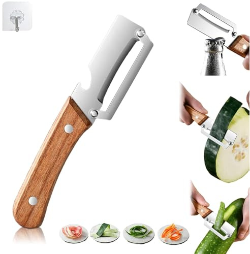 Pelatore e Sbucciatore, Coltello Pelapatate Multifunzione per Cucina, Pelapatate in Acciaio Inossidabile con Manico in Legno & Apribottiglie, Frutta & Patate Verdure (1, Marrone + Argento)
