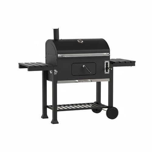 KiBcsLic Outdoor Barbecue Grill with Briquette Cooking Tray Two Side Shelves Wheeled Legs Storage Rack and Functional Access Door Suitable for Home Entertaining Garden Use