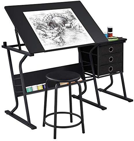Topeakmart Height Adjustable Drafting Table Art Craft Desk Work Station Hobby Design Studio Tiltable Tabletop Drawing Desk with Stool & Storage Drawers