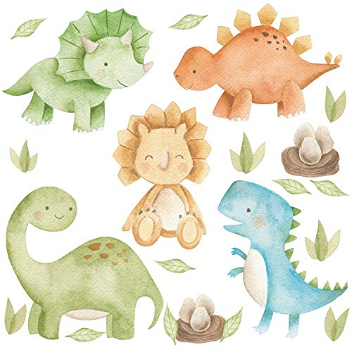 Pandawal Wandaufkleber Dinosaurier Baby Dino Set Bunte Wandsticker für Kinderzimmer Deko Junge Wandtattoo Aquarell Wanddeko Bild (L)
