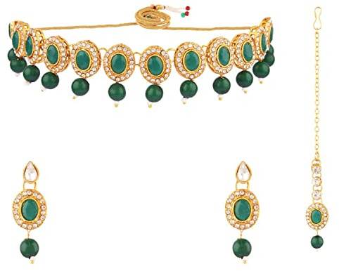 Efulgenz Indian Jewelry Choker Kundan Crystal Necklace Earrings Maang Tikka Head Chain Bollywood Wedding Bridal Set, Valentines Day Gifts for Her, Metal crystal Rhinestone, not known