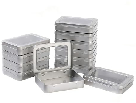 LJY 12 Pack Silver Mini Metal Tin with Hinged Lid and Clear Window 11.5 x 8.5 x 2.2 cm - Rectangular Small Storage Tin Box for DIY Crafts, Beads and Small Item Organiser Containers