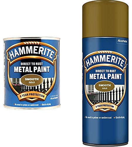 Hammerite 5092830 Direct to Rust Metal Paint - Smooth Gold Finish 750ML & Direct to Rust Metal Paint Aerosol Smooth Gold Finish 400ML