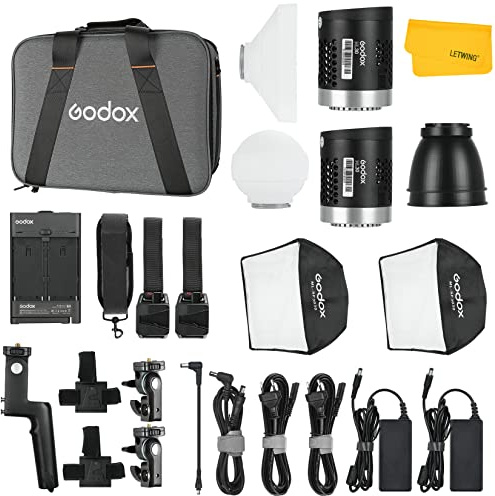 Godox ML30-K2 - Kit de iluminación LED, lámpara de vídeo LED portátil, CRI 96+ TLCI 97+ reproducción de colores fiable, con bola luminosa flexible de silicona y Softbox Kit de iluminación exterior LED