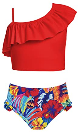 Arshiner Ragazze Bikini Tankini Costume da Bagno con Stampa Floreale per Bambini Due Pezzi Hawaiano da Spiaggia Costume da Bagno Piscina Sport Acquatici Costume da Bagno Rosso 4-5 Anni