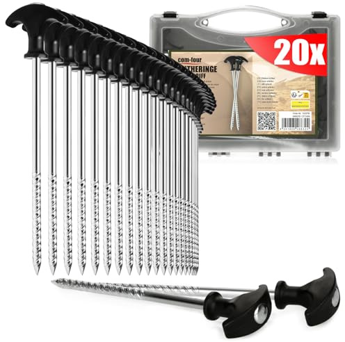 com-four® 20x Zelt-Heringe aus Stahl, robuste Erdnägel mit Gewinde | für Camping und Outdoor - ideal für normalen und harten Boden - mit T-Griff