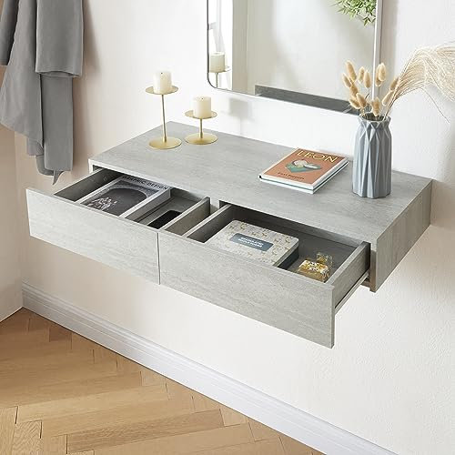 [en.casa] Mensola con 2 Cassetti Affiancati Consolle da Parete con Doppio Cassetto Mensola da Muro Comodino Sospeso 80 x 35 x 12 cm - Effetto Cemento