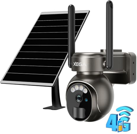 Xega 4G LTE PTZ Überwachungskamera Aussen Solar mit SIM Karte Ohne WLAN | 2K HD 3MP Kabellos Kamera Outdoor Akku 355°/90° Schwenkbar PIR Erkennung Farb/IR Nachtsicht 2-Wege-Audio IP66