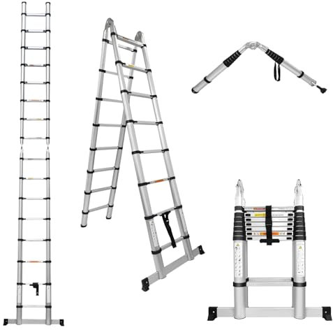 Scala telescopica da 5 m, prolunga pieghevole, portata 150 kg, scala telescopica multiuso per la casa, con piedini antiscivolo e asta stabilizzante (alluminio)
