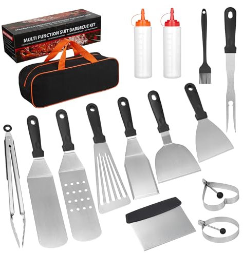 Flat Top Griddle Accessories Kit, 15 Pcs Stainless Steel Barbecue Tool Set for Blackstone and Camp Chef, Grill Spatula Tools Set with Egg Ring, Squeeze Bottles, Sauce Brush, for Teppanyaki Hibachi