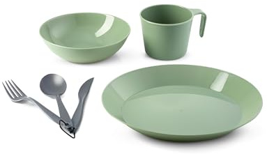 GSI Outdoors Cascadian 1 Person Table Set I 6-Piece Camping, Backpacking Mess Kit, Plastic BPA Free, Plate, Bowl, Mug, Cup & Cutlery Set - Sage
