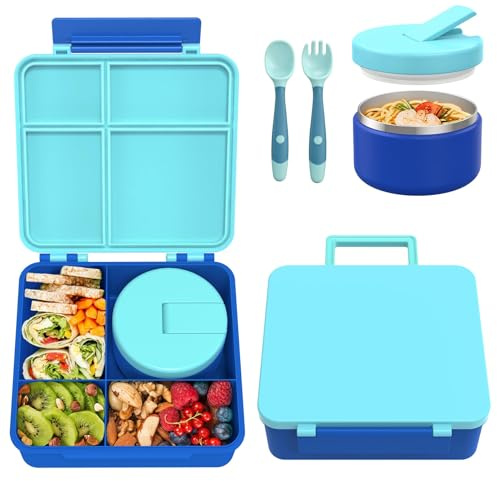 Pawtong Bento Lunch Box with 8oz Soup Thermo, Kids Leakproof Lunch Food Containers with 4 Compartment, Kids Thermo Insulated Hot Food Jar for School, Trvael（Blue