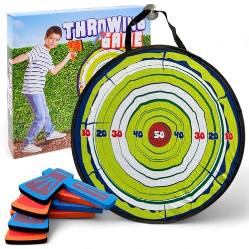 MIJOMA Jeu de lancer de hache pour l'intérieur et l'extérieur - Amusant pour les enfants et toute la famille avec disque de cible pliable et 4 haches en mousse