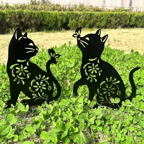 QBMYCN Lot de 2 piquets de Jardin décoratifs en métal pour Cour, Jardin, pelouse, décorations extérieures pour Les Amoureux des Chats (Chat Noir)