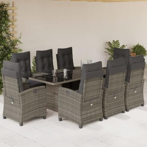 SECOLI Polyrattan Sitzgruppe Garten Essgruppe 8 Personen Rattan Gartenmöbel Set mit 8 Rattansessel Hochlehner Verstellbar Essgruppe Outdoor Gartengarnitur Sitzgarnitur Grau 9-tlg-Type-120