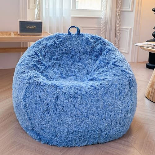 XeGe Faux Fur Comfy Bean Bag Cover(No Filler), Fluffy Stuffed Animal Storage Bean Bag Chair Cover for Bedroom, Furry Fuzzy Big Gaming Beanbag Cover Adults Teens Girls, Anti-slip, Ombre Cobalt Blue
