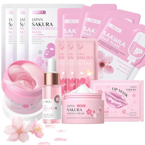 LAIKOU Sakura Skincare Kit, Set Regalo Cuidado de la Piel Mujer, Cuidado Facial Mujer Kit, con Máscara de Labios, Máscara de Ojos, Esencia, Crema Facial, Mascarilla Facial Limpiadora (13pcs)
