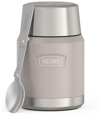 Thermos ICON Food Jar 0,47 l, beige matt sandstone, Speisegefäß für Essen 470 ml, doppelwandigem 18/8 Edelstahl, hält warm und kalt, mit klappbarem Löffel, rutschfester Boden, absolut dicht