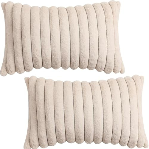 Tennove Cushion Covers 30x50cm Soft Faux Fur Plush Cushion Pillowcase Decorative Striped Fluffy Throw Pillow Covers Pack of 2 for Home Sofa Bedroom Decor, Beige
